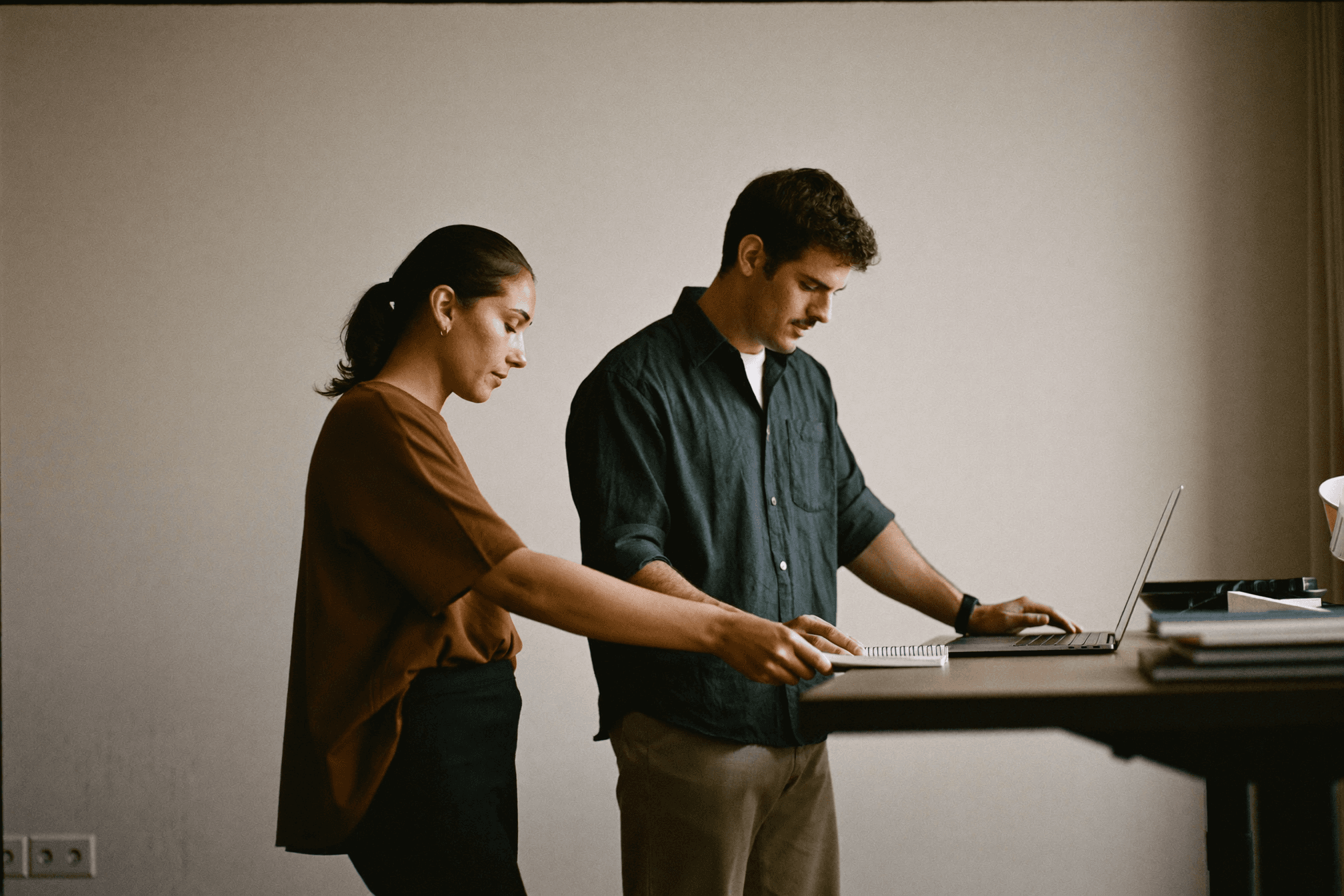 Two colleagues reviewing work together at a standing desk